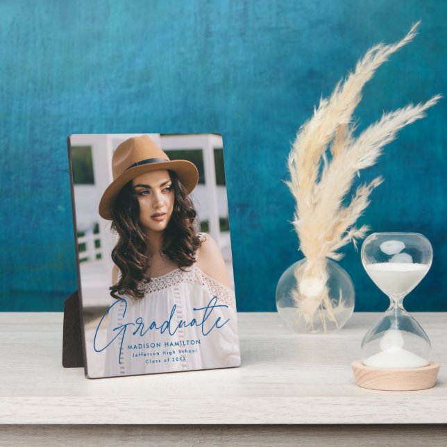Modern Graduate Blue Script Graduation Photo Plaque (Side)