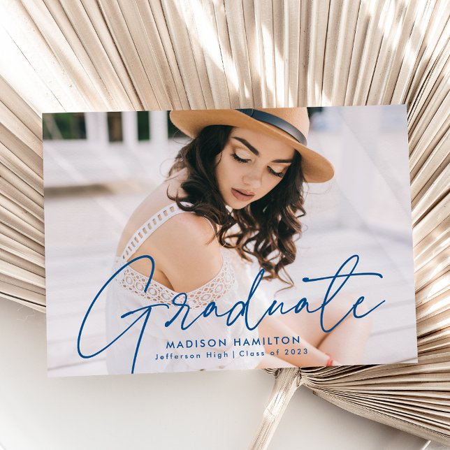 Modern Graduate Blue Script Photo Graduation Announcement (Creator Uploaded)