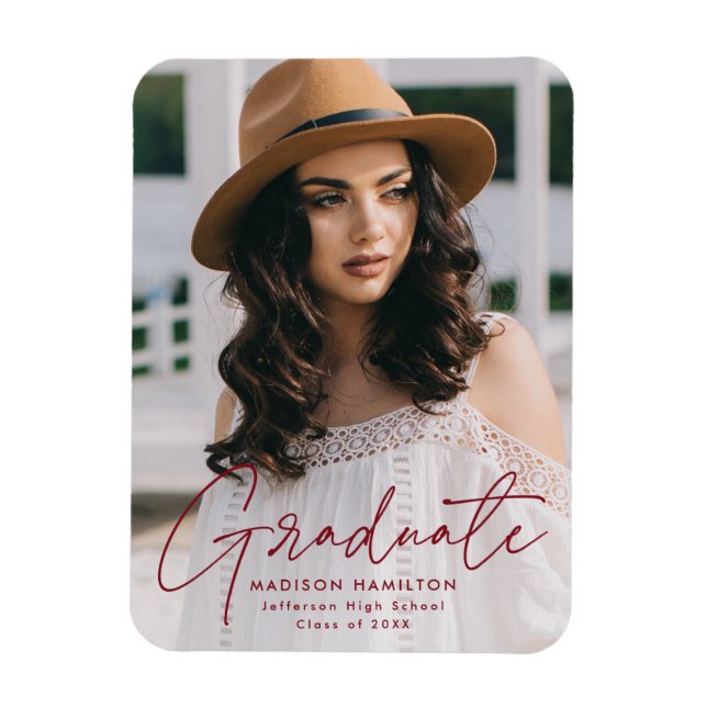 Modern Graduate Burgundy Script Photo Graduation Magnet (Vertical)