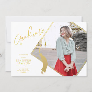 Modern Graduate Cap Gold & White Photo Graduation Announcement