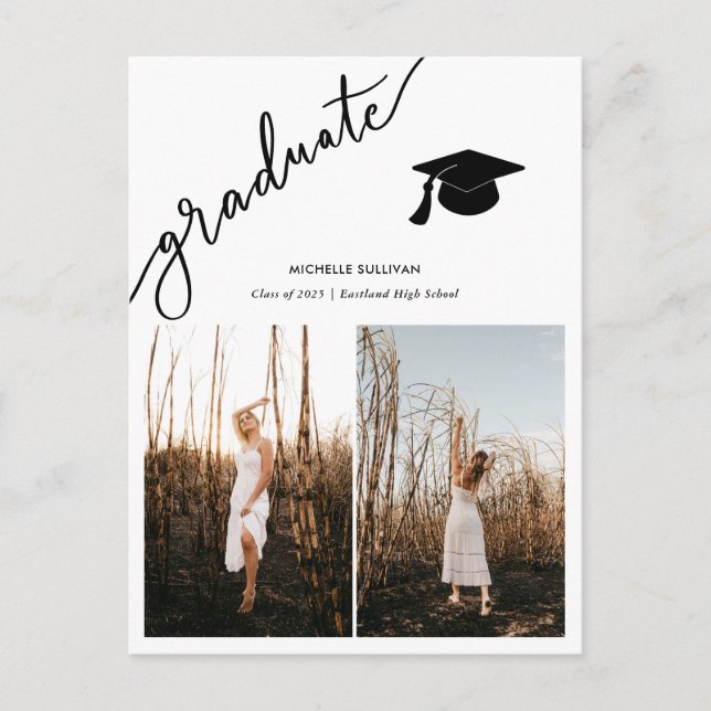 Modern Graduate Casual Script | Grad Two Photos Announcement Postcard (Front)