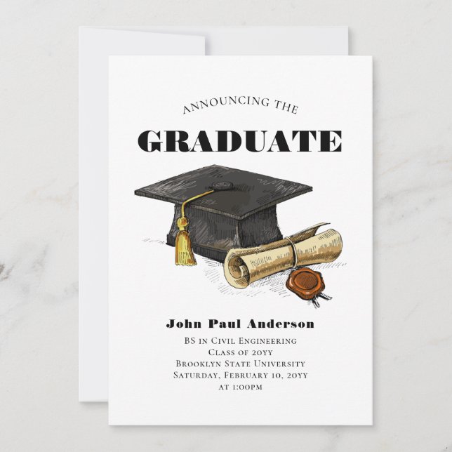 Modern Graduate Class Grad Cap Diploma Graduation Announcement (Front)