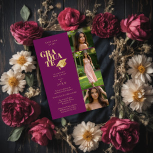 Modern Graduate Collage 3-Photos Plum & Gold Invitation