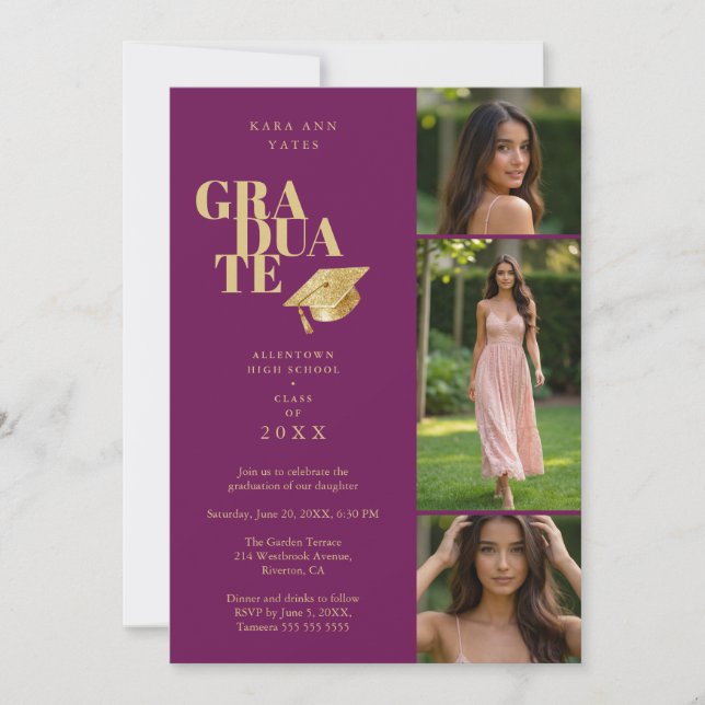 Modern Graduate Collage 3-Photos Plum & Gold Invitation (Front)