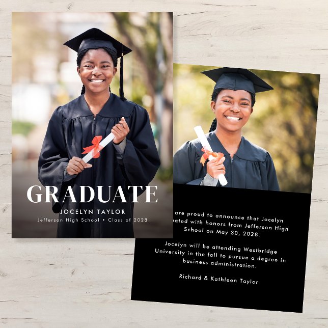 Modern Graduate Elegant Black Two Photo Graduation Announcement (Creator Uploaded)