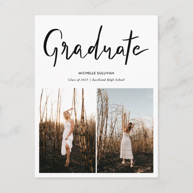 Modern Graduate Elegant Script | Grad Two Photos Announcement Postcard (Front)