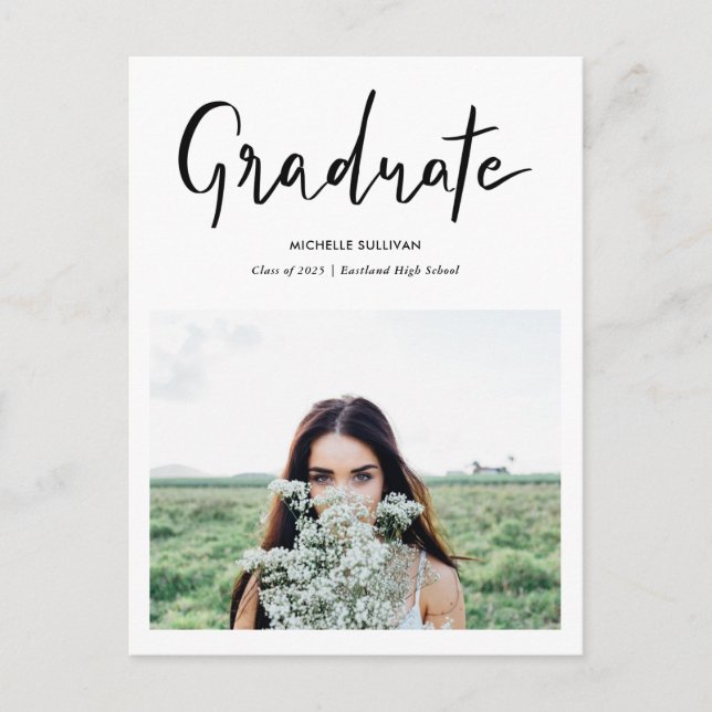 Modern Graduate Elegant Script Handwritten | Photo Announcement Postcard (Front)