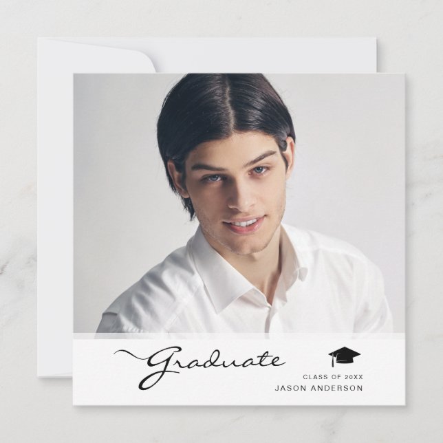 Modern Graduate Elegant Script | Trendy 1 Photo Announcement (Front)