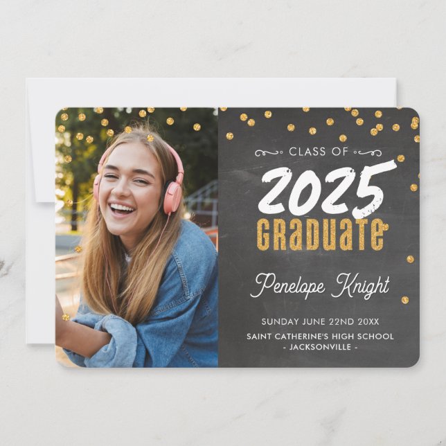 MODERN GRADUATE gold glitter confetti chalkboard Invitation (Front)
