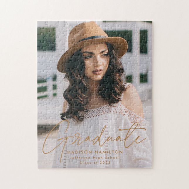 Modern Graduate Gold Script Photo Graduation Jigsaw Puzzle (Vertical)