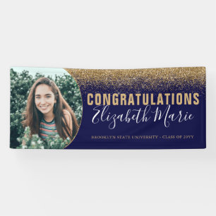 Modern Graduate Grad Photo Navy Blue Gold Glitter Banner