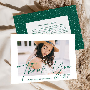 Modern Graduate Green Script Photo Graduation Thank You Card