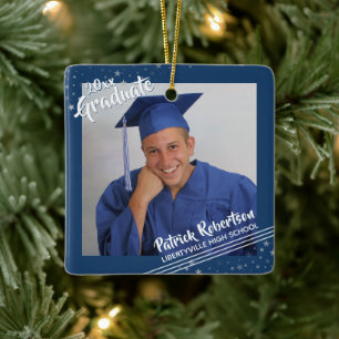 Modern Graduate Handwritten Name Photo Blue Ceramic Ornament