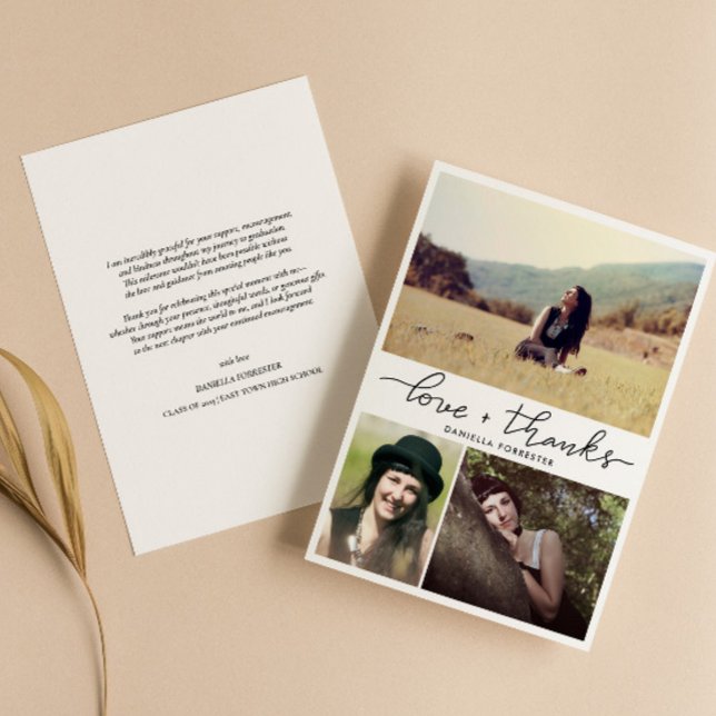 Modern Graduate Love And Thanks Script Photos Thank You Card (Creator Uploaded)