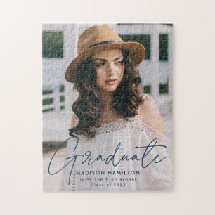 Modern Graduate Navy Script Photo Graduation Jigsaw Puzzle