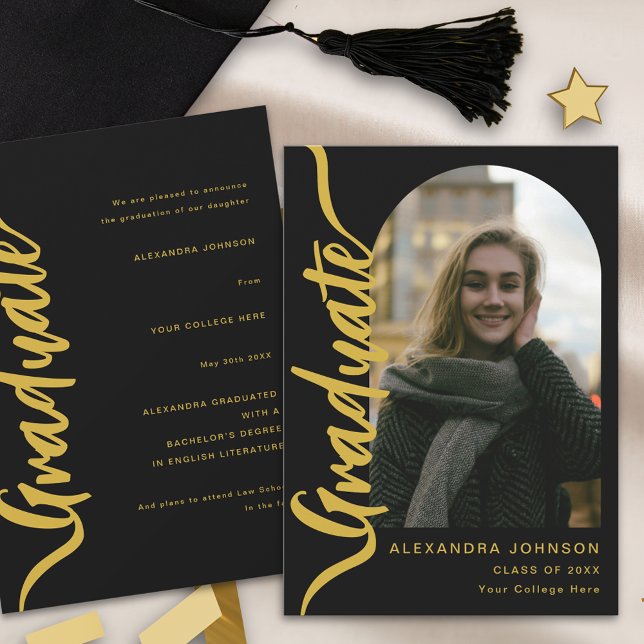 Modern Graduate Photo Arch Black Gold Script Announcement (Modern Graduate photo arch Black and gold script Graduation announcement card)