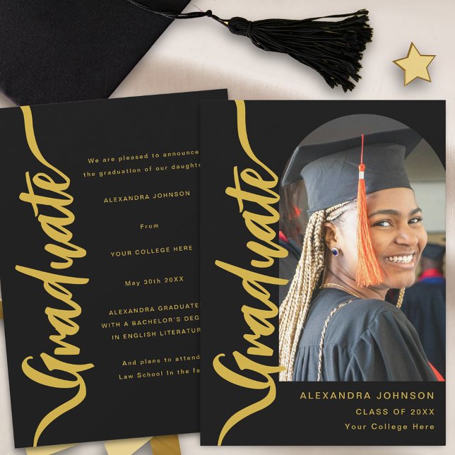 Modern Graduate Photo Arch Black Gold Script Announcement (Modern arch photo graduation announcement card black with gold script)