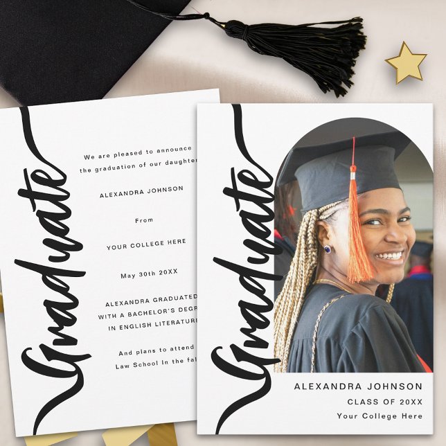 Modern Graduate Photo Arch Elegant Script Announcement (Modern arch photo gold script graduation announcement card Black and white trendy stylish chic )