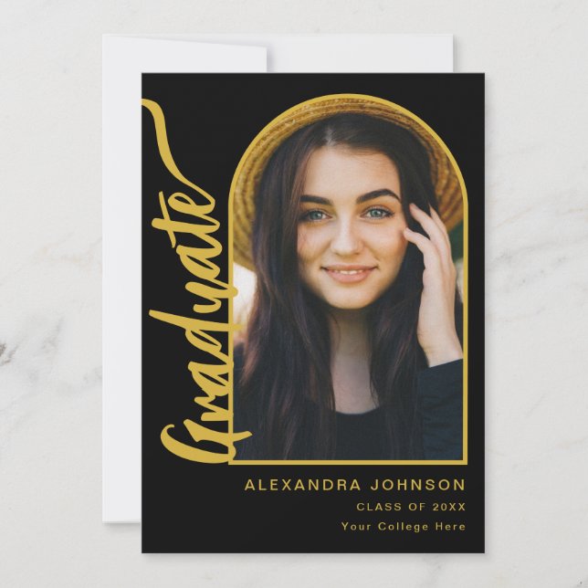 Modern Graduate Photo Arch Gold Script Black Announcement (Front)