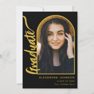 Modern Graduate Photo Arch Gold Script Black Announcement