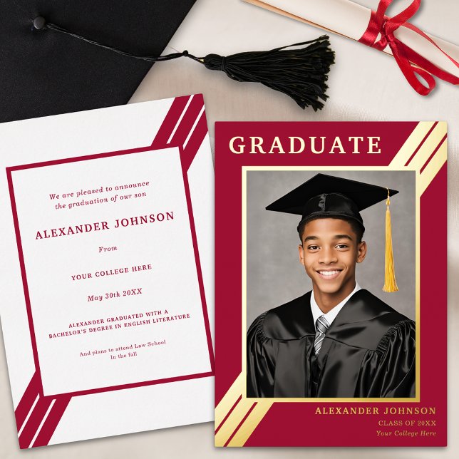 Modern Graduate Photo Burgundy Gold Graduation (Modern graduate photo burgundy and gold foil stripes graduation announcement card)