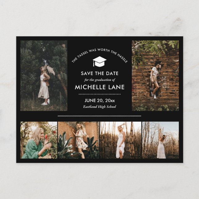 Modern Graduate Photo Collage Black Save The Date  Postcard (Front)