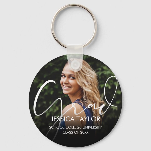 Modern Graduate Photo Grad Script Key Ring (Front)