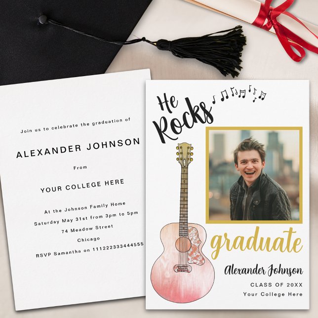 Modern Graduate Photo He Rocks Graduation Party Invitation (Cool he rocks rustic guitar country music graduation party invitation with graduate photo template )