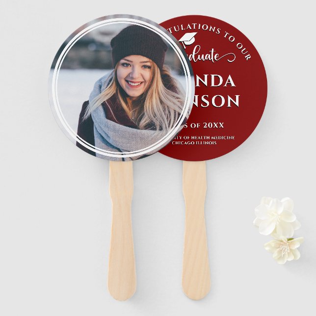 Modern Graduate Photo Maroon Graduation  Hand Fan (Front and Back)