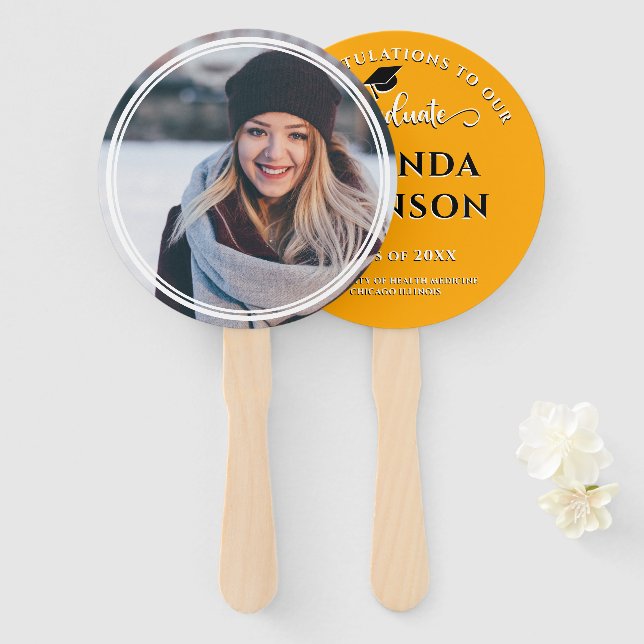 Modern Graduate Photo Orange Graduation  Hand Fan (Front and Back)