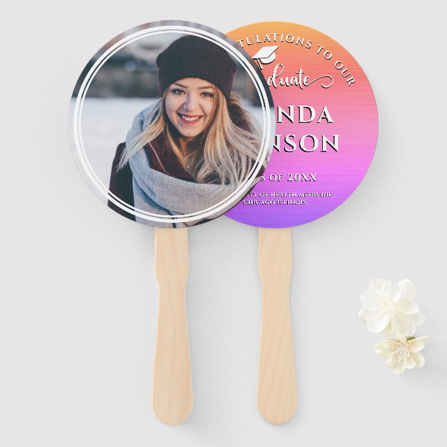 Modern Graduate Photo Pink Purple Graduation  Hand Fan (Front and Back)