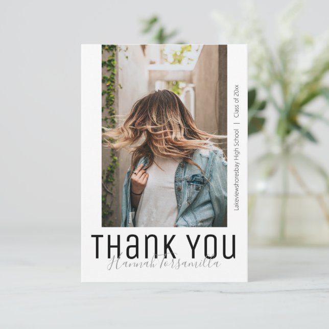 Modern Graduate Photo Thanks Typography Graduation Thank You Card (Standing Front)