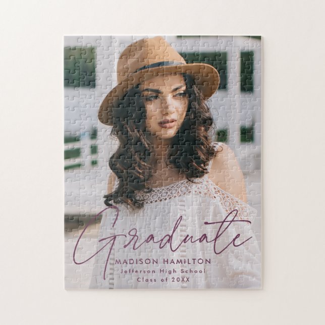 Modern Graduate Purple Script Photo Graduation Jigsaw Puzzle (Vertical)