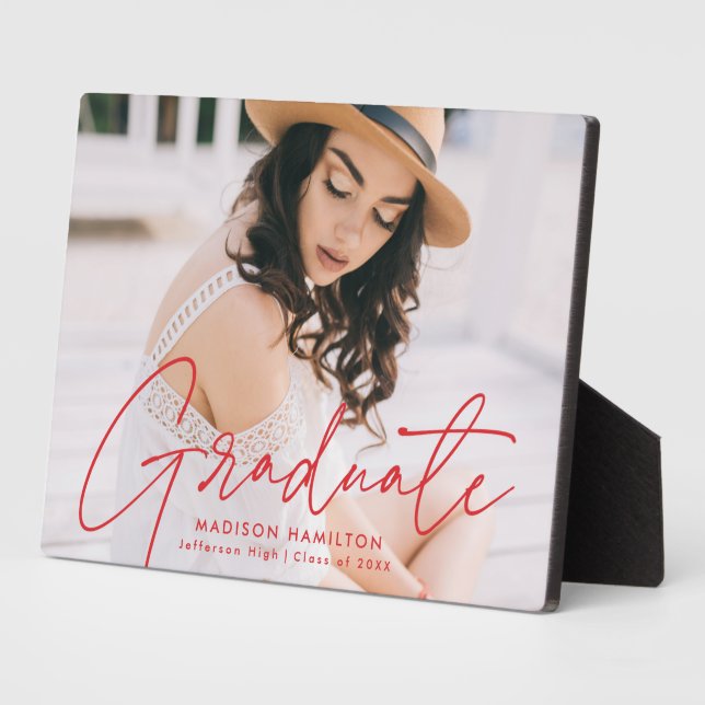 Modern Graduate Red Script Graduation Photo Plaque (Side)