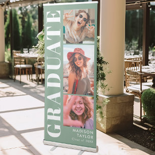 Modern Graduate Sage Green 3 Photo Graduation Retractable Banner