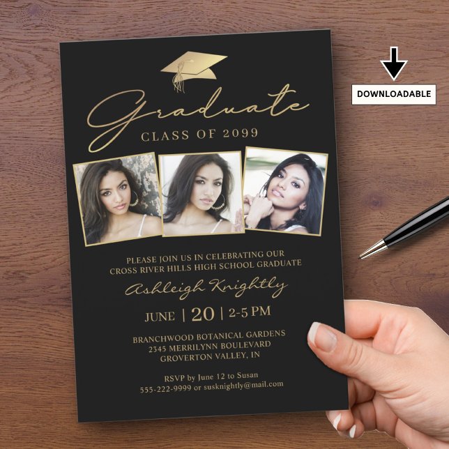 Modern Graduate Script 3 Photos Black Gold Invitation (Creator Uploaded)