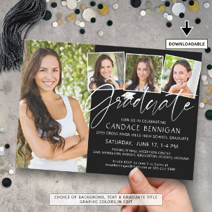 Modern Graduate Script 4 Photos Black White Invitation