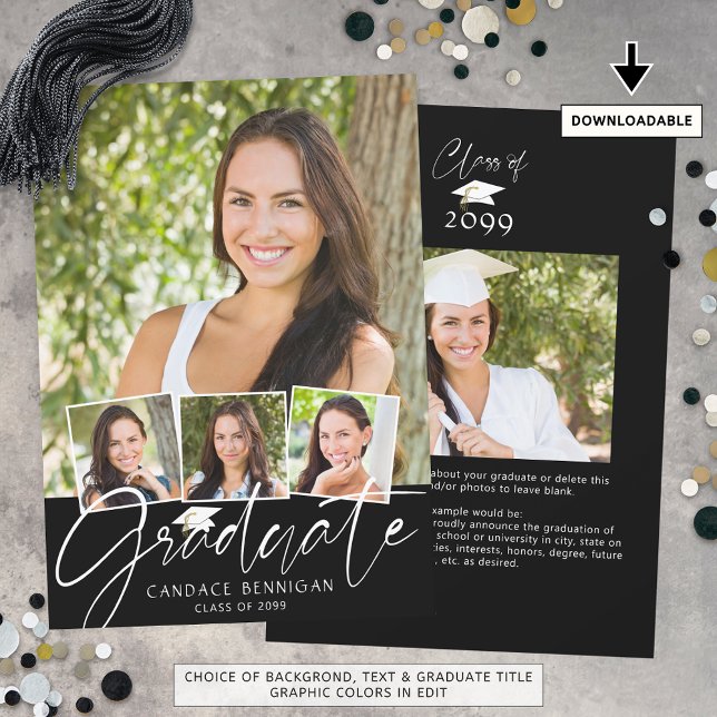 Modern Graduate Script 5 Photos Black White Announcement (Creator Uploaded)