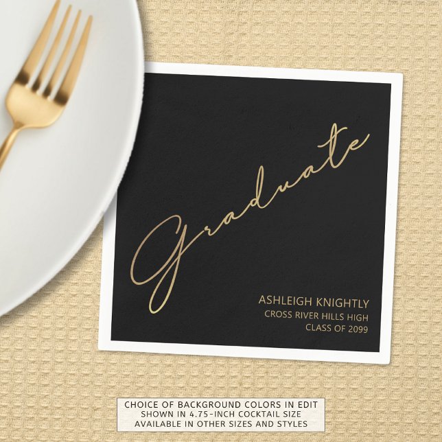 Modern Graduate Script Black Gold  Napkin (Creator Uploaded)