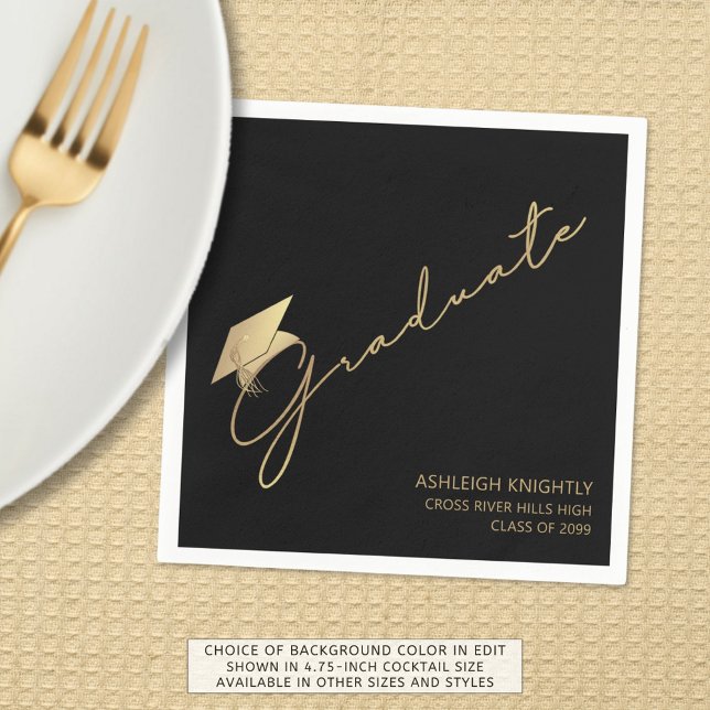 Modern Graduate Script Cap Black Gold  Napkin (Creator Uploaded)
