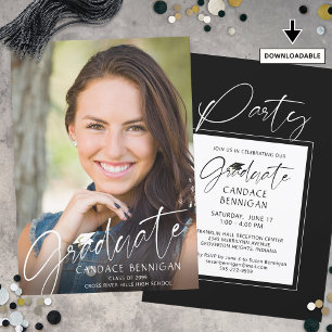 Modern Graduate Script One Photo White Cap Party Invitation