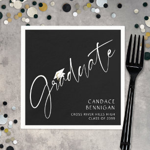 Modern Graduate Script White Cap Black Napkin