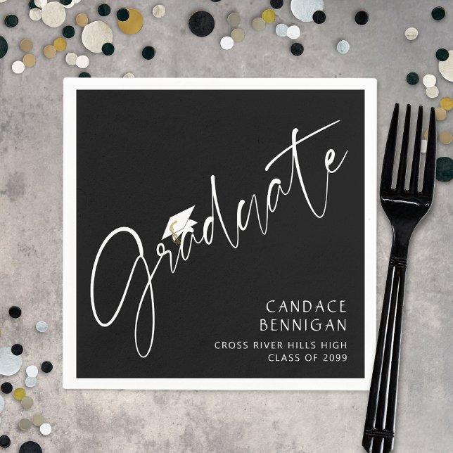 Modern Graduate Script White Cap Black Napkin (Creator Uploaded)