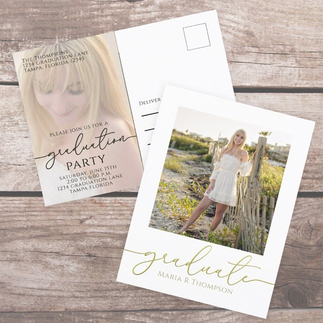 Modern Graduate Simple Elegant Gold Two Photo Postcard (Elegant Graduation photo invitation postcard with a 2-photo template. )