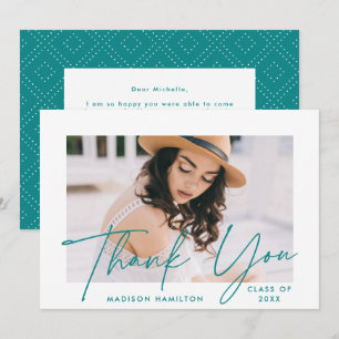 Modern Graduate Teal Script Photo Graduation Thank You Card