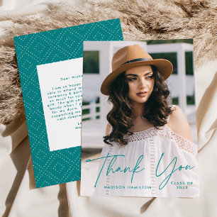 Modern Graduate Teal Script Photo Graduation Thank You Card
