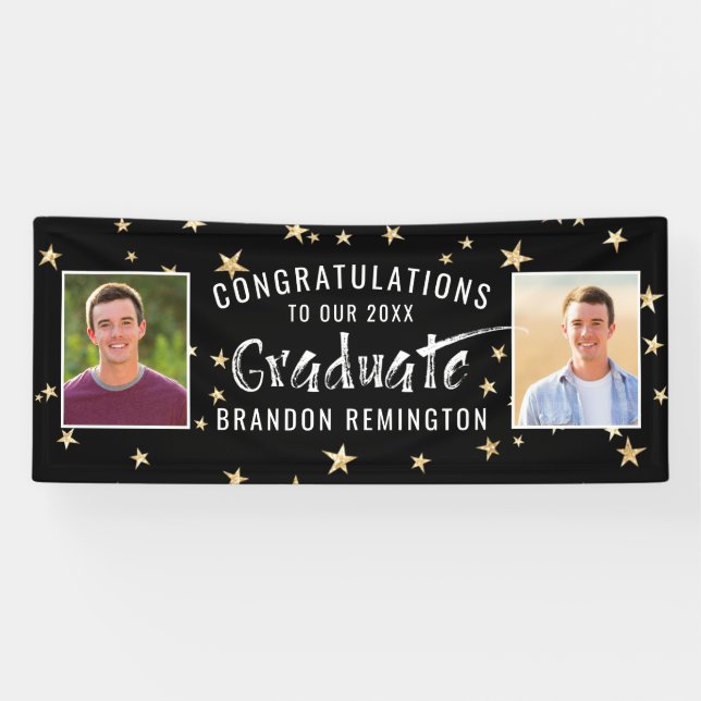 Modern Graduate Typography Photo Black Gold Stars Banner (Horizontal)