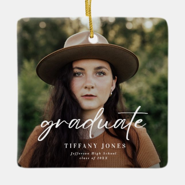 Modern Graduate White Script 4 Photos Graduation   Ceramic Ornament (Front)