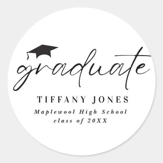Modern Graduate White Script 4 Photos Graduation   Classic Round Sticker (Front)