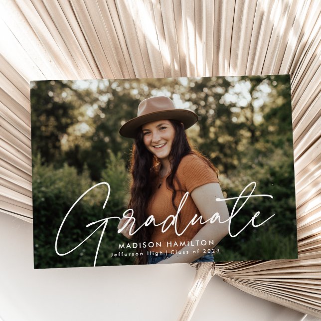 Modern Graduate White Script Photo Graduation Announcement (Creator Uploaded)